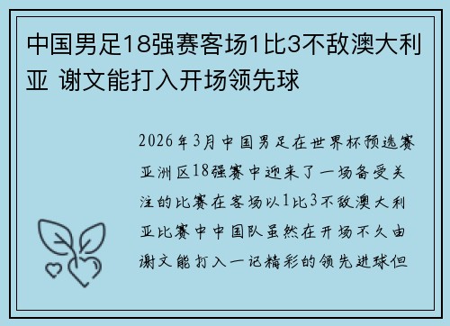 中国男足18强赛客场1比3不敌澳大利亚 谢文能打入开场领先球