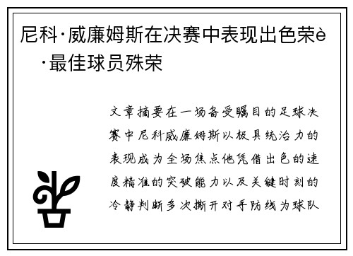 尼科·威廉姆斯在决赛中表现出色荣获最佳球员殊荣