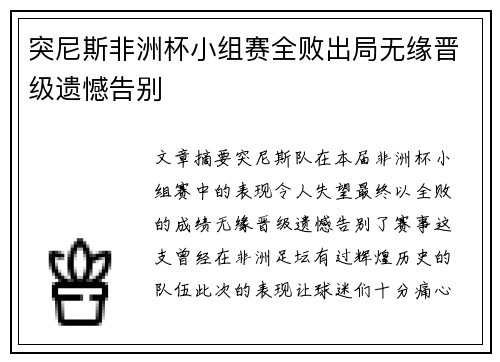 突尼斯非洲杯小组赛全败出局无缘晋级遗憾告别